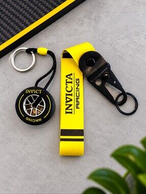 NEW Invicta 3D Racing F1 Rubber Tire  Chrome Rim/Yellow Lanyard Keyring Clip Set
